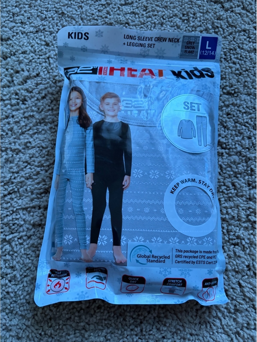NWT 32 Degrees Heat Kid Long Sleeve Crew Neck Legging Set Grey Snowflake L 12/14